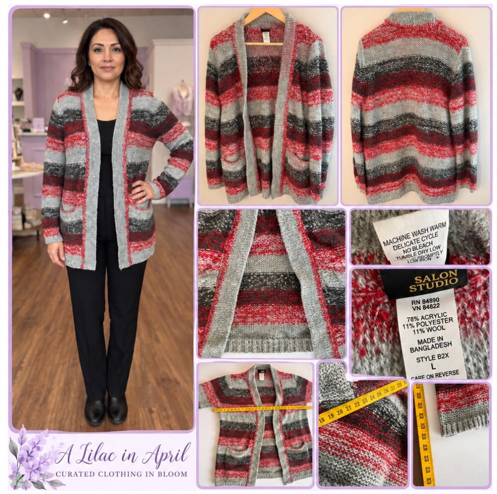 Salon Studio Open Front Striped Cardigan Gray Red Black L